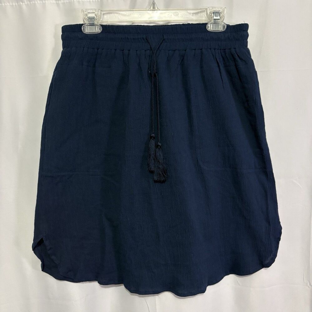 Joh Crinkle Gauze Elastic Waist A-Line Skirt Large Navy Blue Beachy Coastal